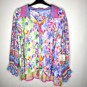John Mark 2X Top BOHO Pink Floral Waist Tie Ruche Cuffs Button Up Artsy Colorful